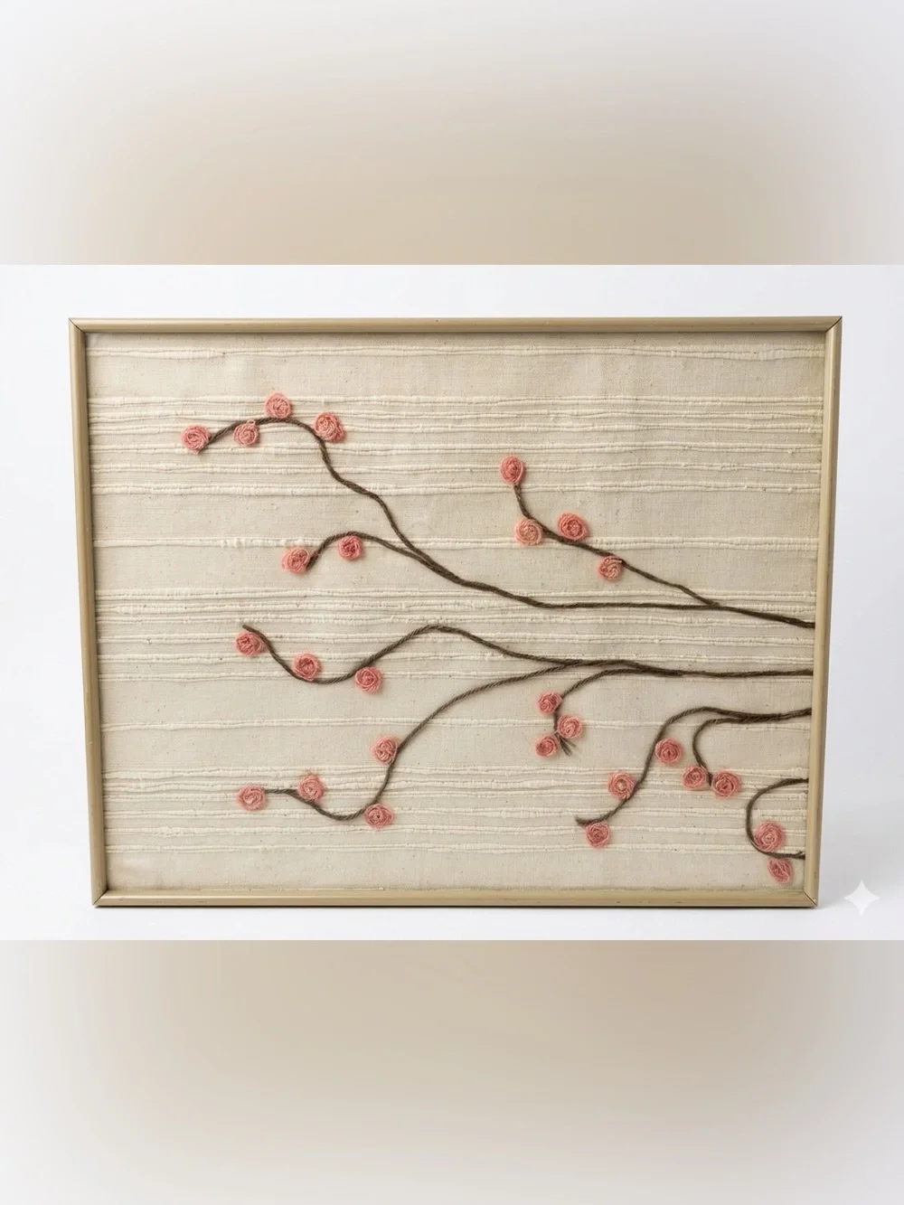 VTG 70s Framed Yarn Art 3D Pink Floral Fiber Art MCM Boho Decor 21